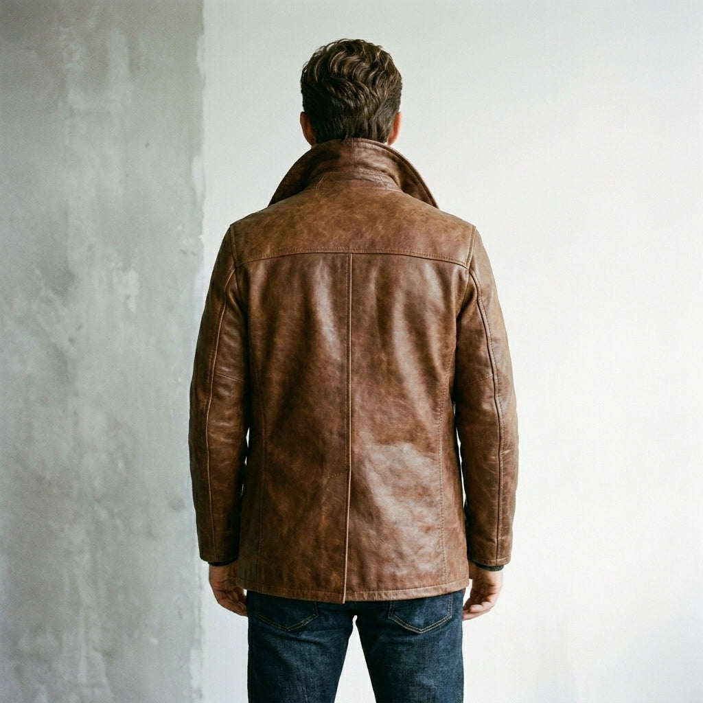 Men's Brown Double-Breasted Leather Peacoat