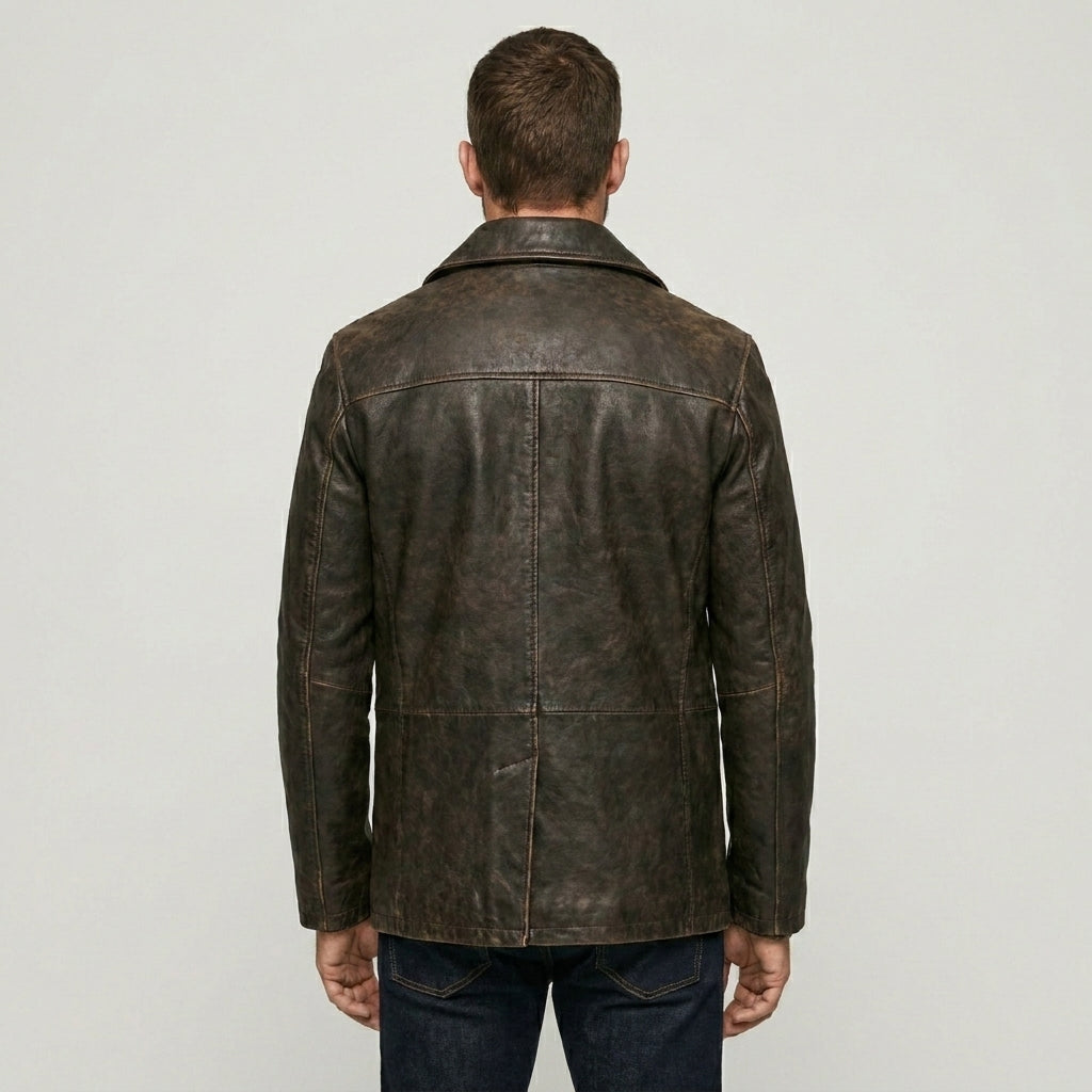 Vintage Brown Leather Peacoat Jacket for Men