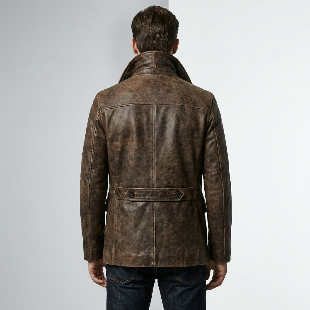 Alex Men’s Double Breasted Brown Leather Peacoat