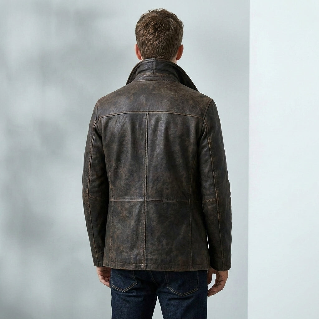 Gipsy Distressed Brown Double Breasted Leather Peacoat Jacket