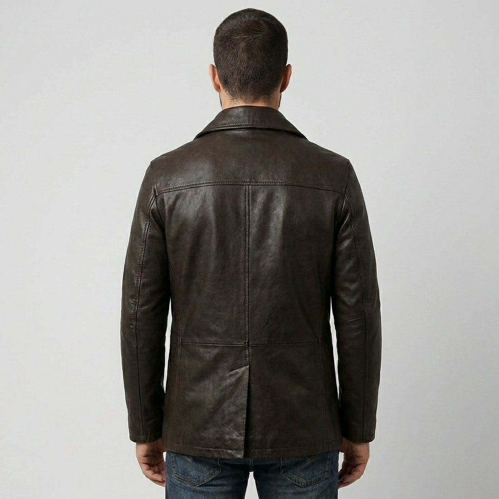 Gipsy Distressed Brown Double-Breasted Leather Peacoat Jacket