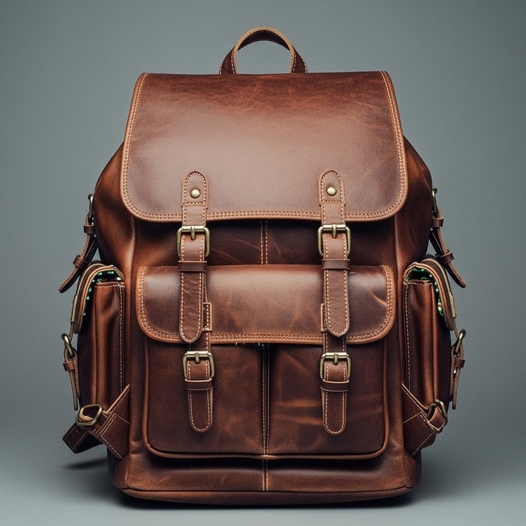 Men’s Vintage Top-Grain Cowhide Leather Backpack with Brass Hardware