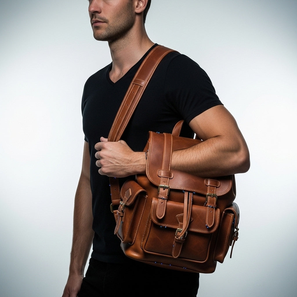 Vintage Brown Leather Backpack with Buckled Pockets & Adjustable Straps