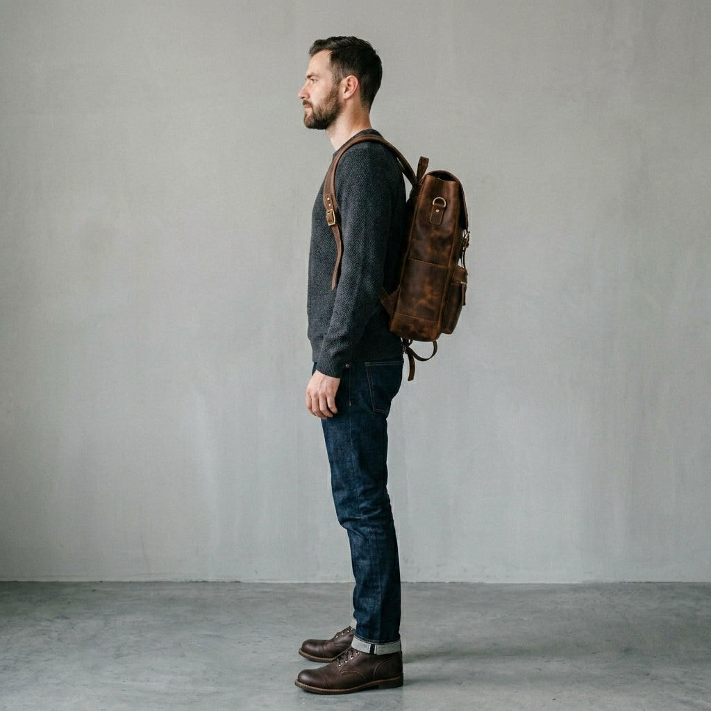 Vintage Genuine Leather Laptop Backpack with Multiple Pockets & Brass Hardware