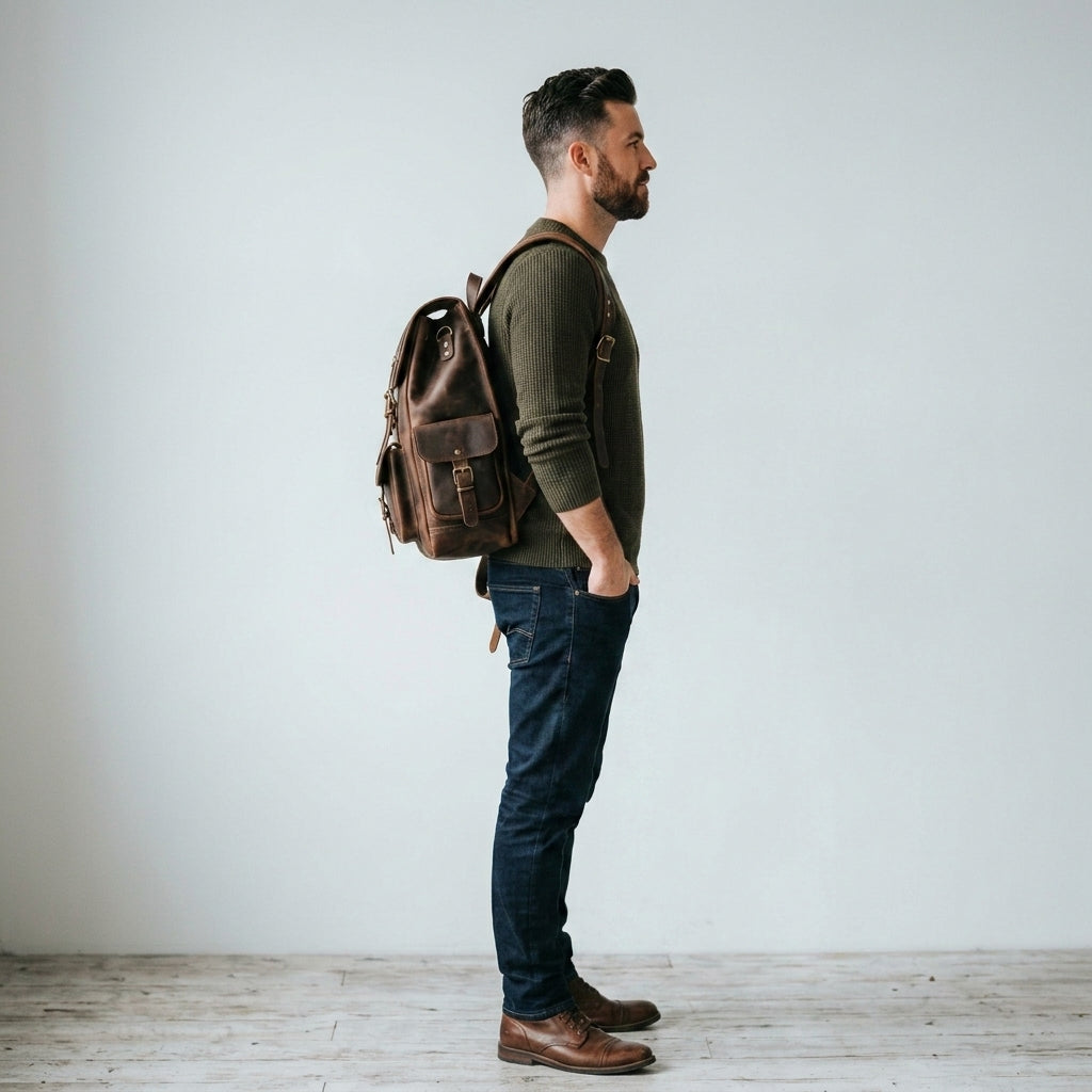 Retro Genuine Leather Laptop Backpack with Classic Buckle Closures