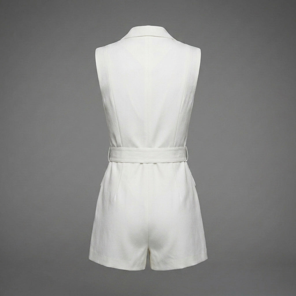 Elegant White Faux Leather Belted Short Romper for Women