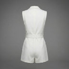 Elegant White Faux Leather Belted Short Romper for Women