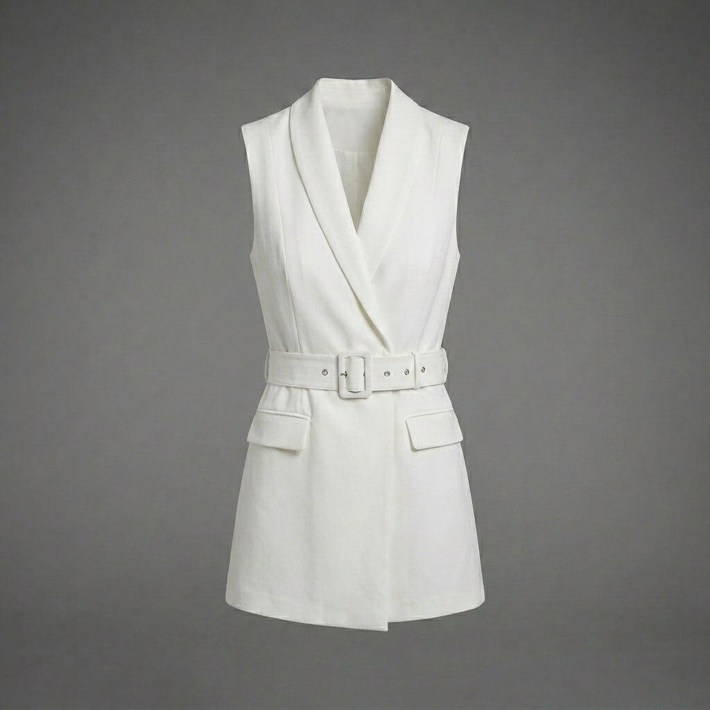 Elegant White Faux Leather Belted Short Romper for Women