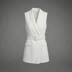 Elegant White Faux Leather Belted Short Romper for Women