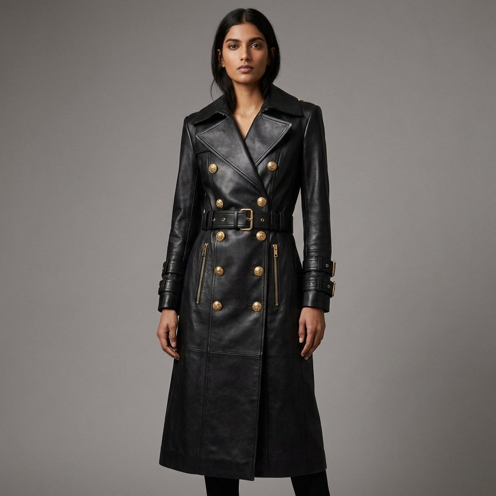 Elegant Women’s Black Leather Trench Coat