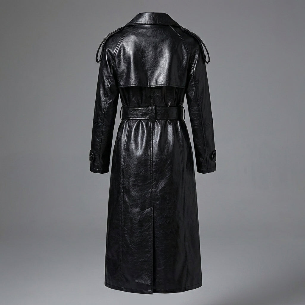 Elegant Women’s Black Leather Trench Coat