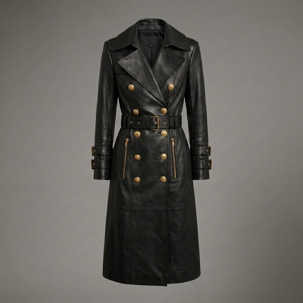 Elegant Women’s Black Leather Trench Coat