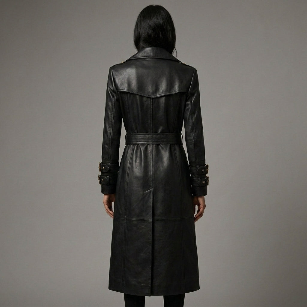 Elegant Women’s Black Leather Trench Coat