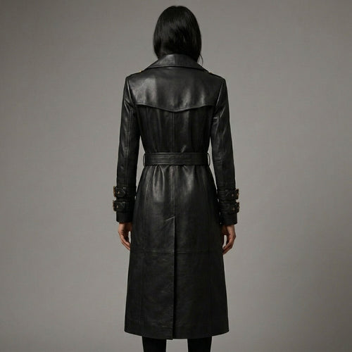 Elegant Women’s Black Leather Trench Coat
