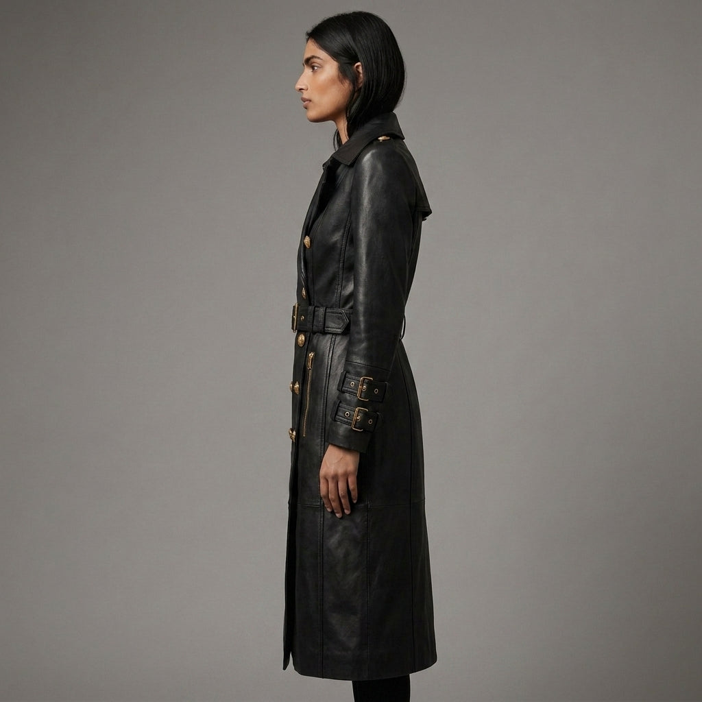 Elegant Women’s Black Leather Trench Coat