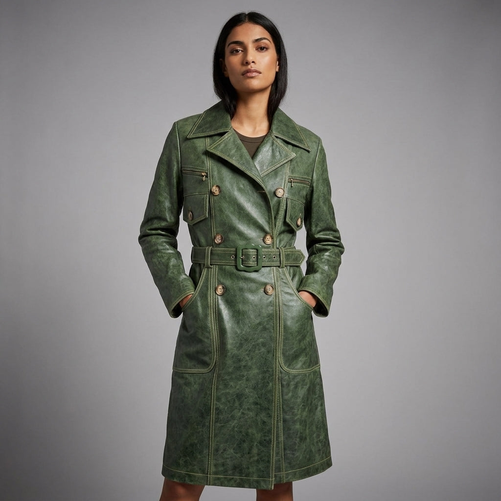 Emerald Edge Women’s Distressed Green Leather Trench Coat