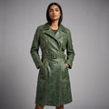 Emerald Edge Women’s Distressed Green Leather Trench Coat