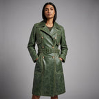 Emerald Edge Women’s Distressed Green Leather Trench Coat