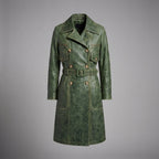 Emerald Edge Women’s Distressed Green Leather Trench Coat