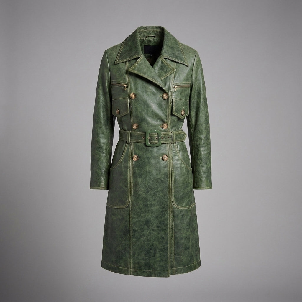 Emerald Edge Women’s Distressed Green Leather Trench Coat