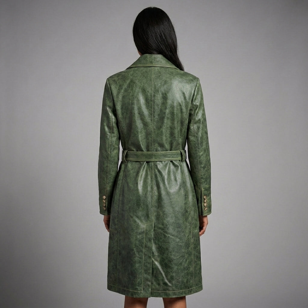 Emerald Edge Women’s Distressed Green Leather Trench Coat
