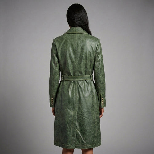Emerald Edge Women’s Distressed Green Leather Trench Coat