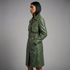 Emerald Edge Women’s Distressed Green Leather Trench Coat