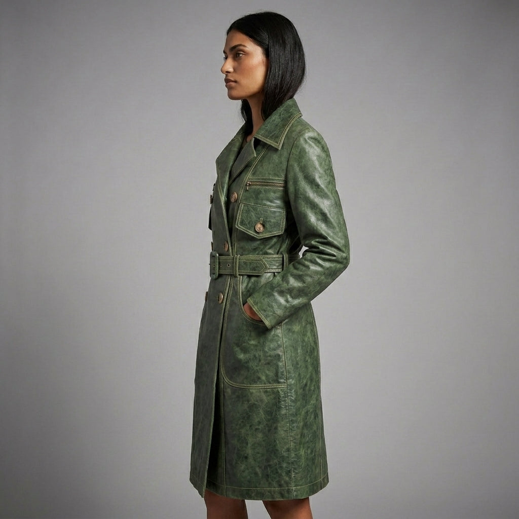Emerald Edge Women’s Distressed Green Leather Trench Coat