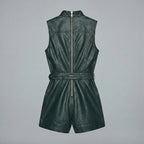 Emerald Green Sleeveless Leather Romper with Belted Waist