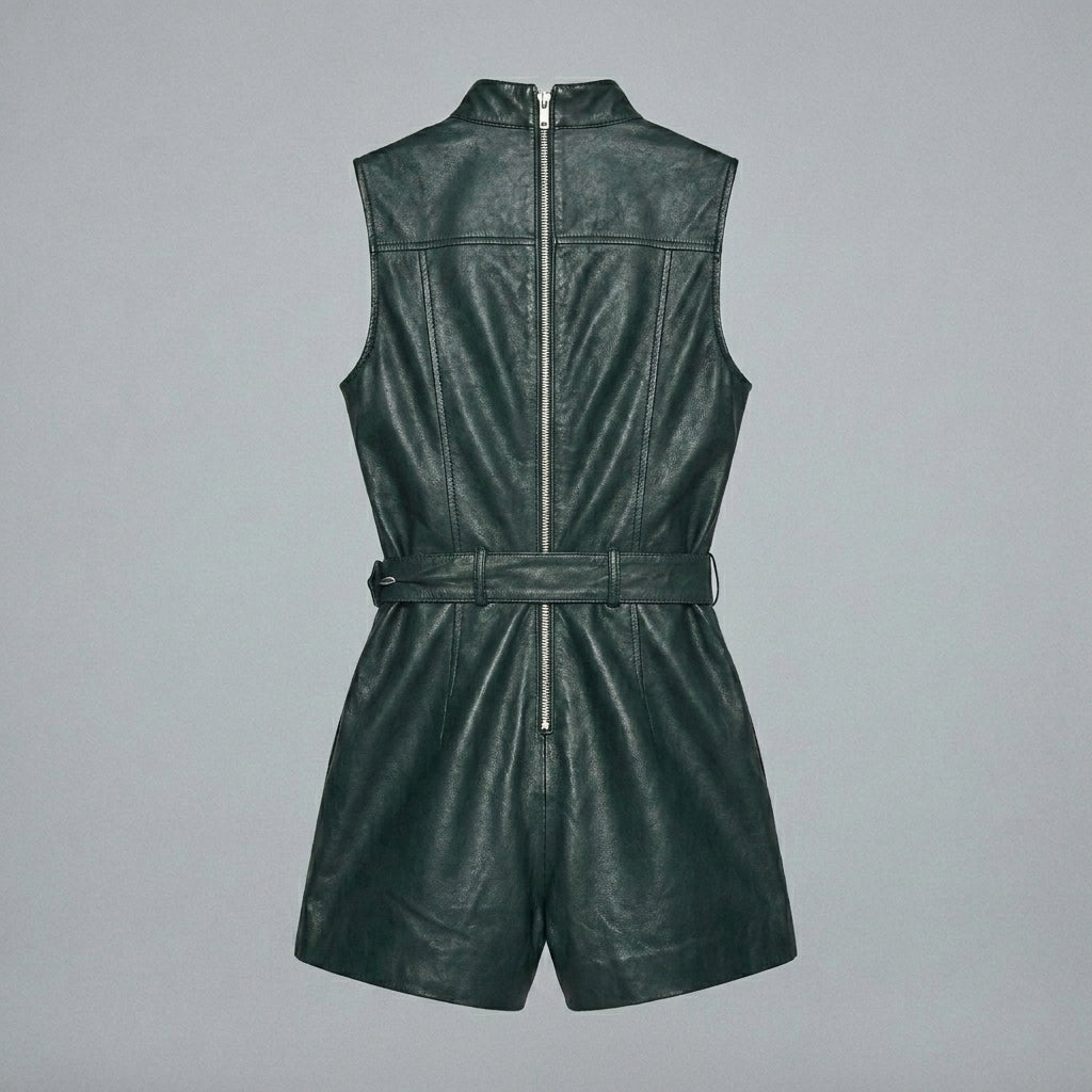 Emerald Green Sleeveless Leather Romper with Belted Waist