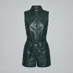 Emerald Green Sleeveless Leather Romper with Belted Waist