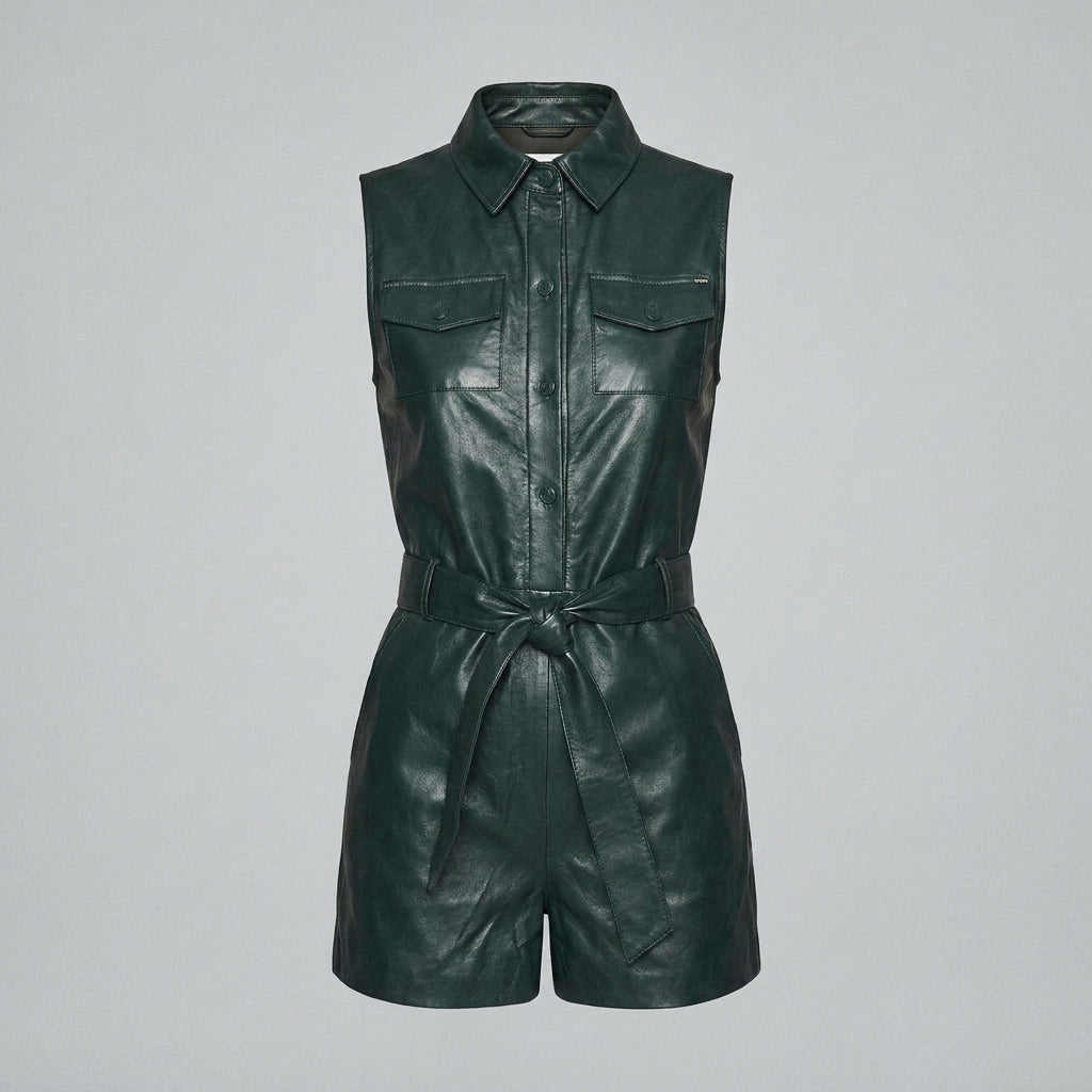 Emerald Green Sleeveless Leather Romper with Belted Waist