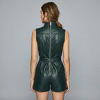 Emerald Green Sleeveless Leather Romper with Belted Waist