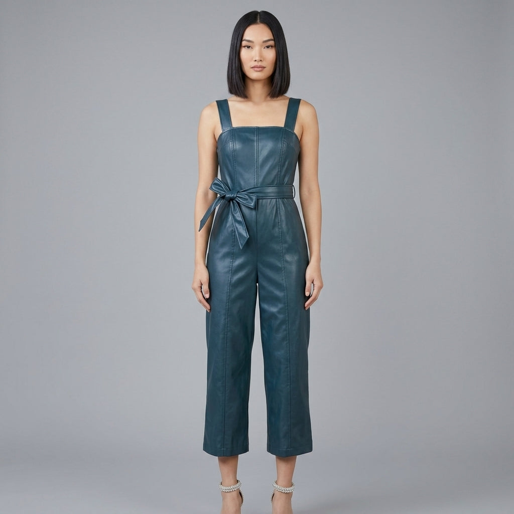Emerald Faux Leather Belted Jumpsuit