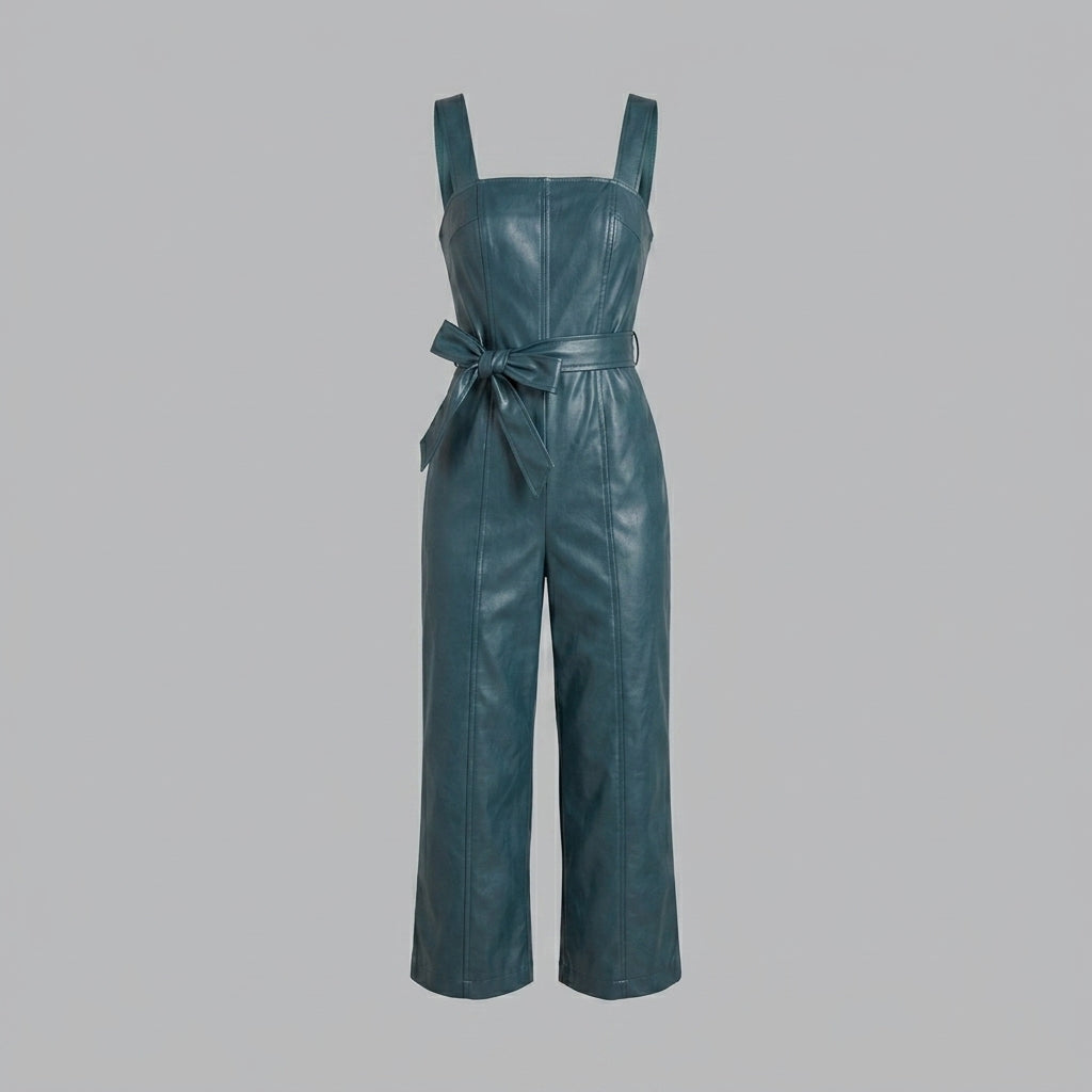 Emerald Faux Leather Belted Jumpsuit