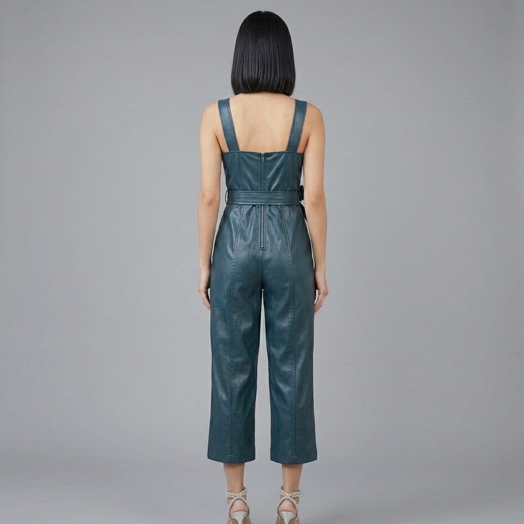 Emerald Faux Leather Belted Jumpsuit