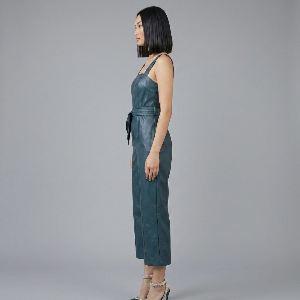Emerald Faux Leather Belted Jumpsuit