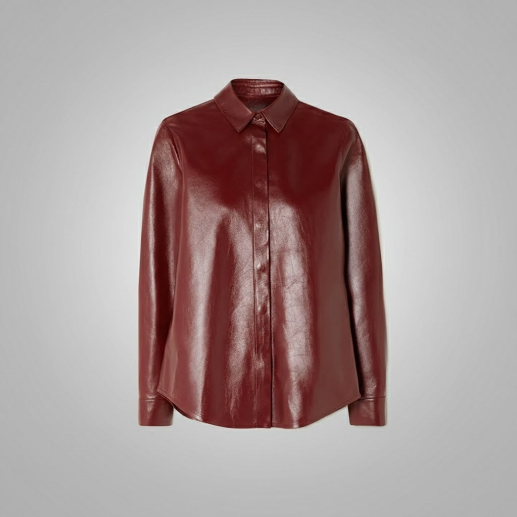 Faux Leather Button-Up Shirt for Women