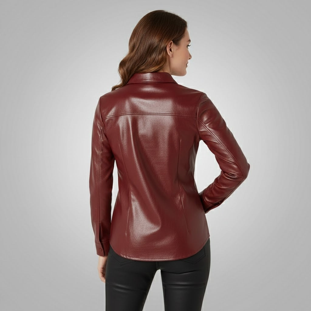 Faux Leather Button-Up Shirt for Women