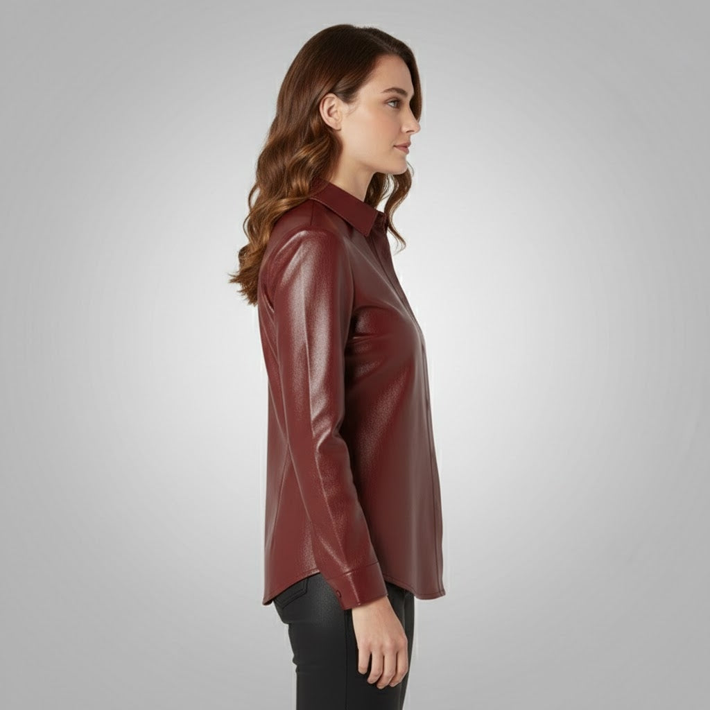 Faux Leather Button-Up Shirt for Women