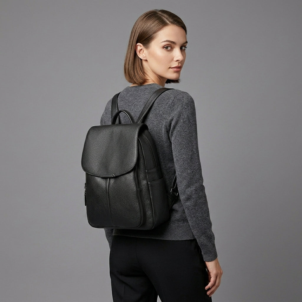 Elegant Black Leather Backpack for Girls
