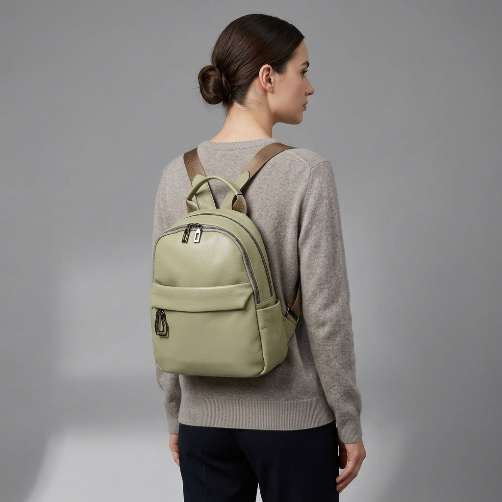 Beige Genuine Leather Backpack for Women