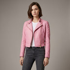 Blush Pink Lambskin Leather Moto Biker Jacket for Women