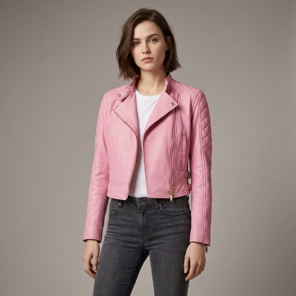 Blush Pink Lambskin Leather Moto Biker Jacket for Women