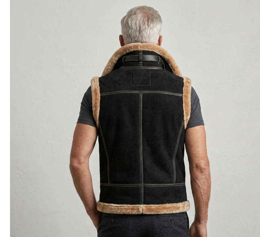 Men’s Black Suede Leather Shearling Hooded Vest – Sleeveless Winter Jacket