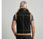 Men’s Black Suede Leather Shearling Hooded Vest – Sleeveless Winter Jacket