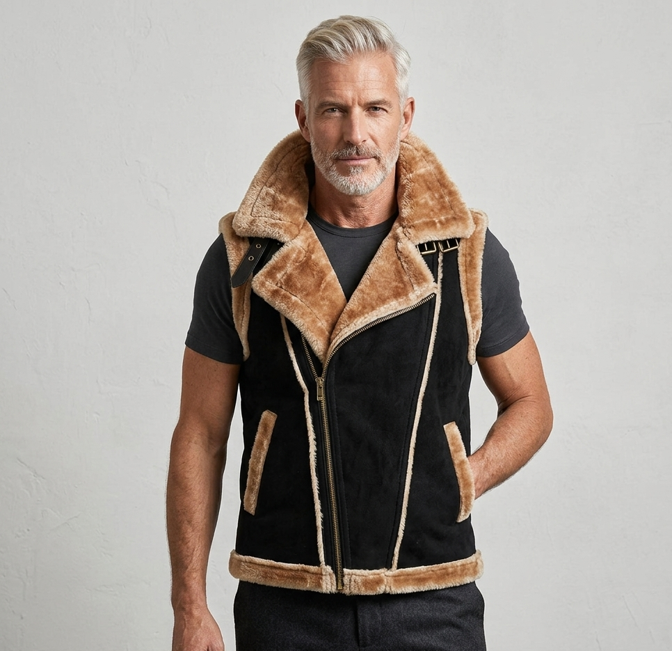 Men’s Black Suede Leather Shearling Hooded Vest – Sleeveless Winter Jacket