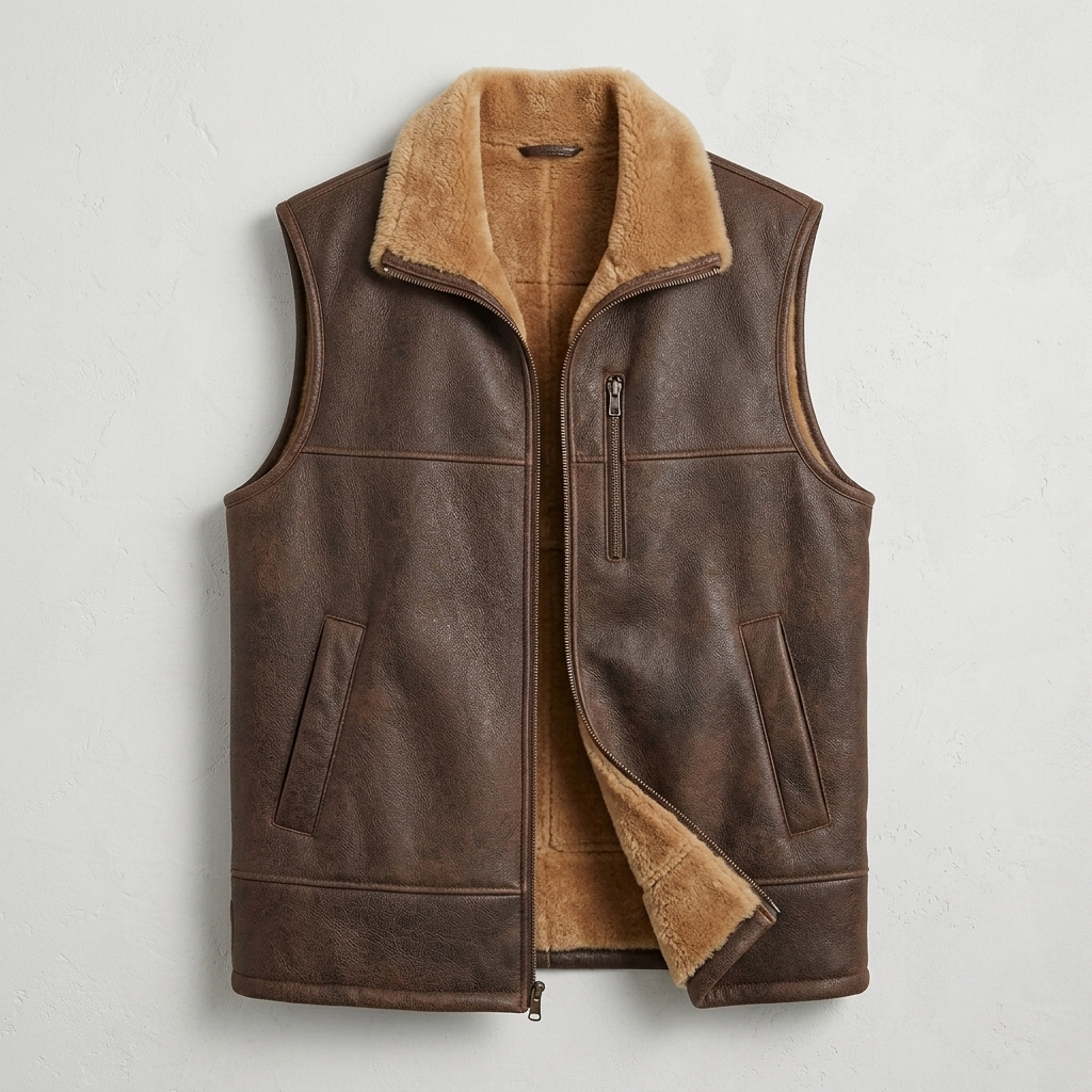 Men’s Shearling Fur Flight Pilot Vest – WW2 Sheepskin Aviator Gilet