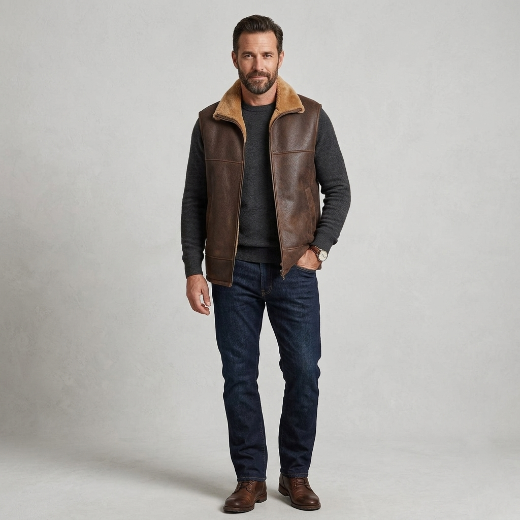Men’s Shearling Fur Flight Pilot Vest – WW2 Sheepskin Aviator Gilet