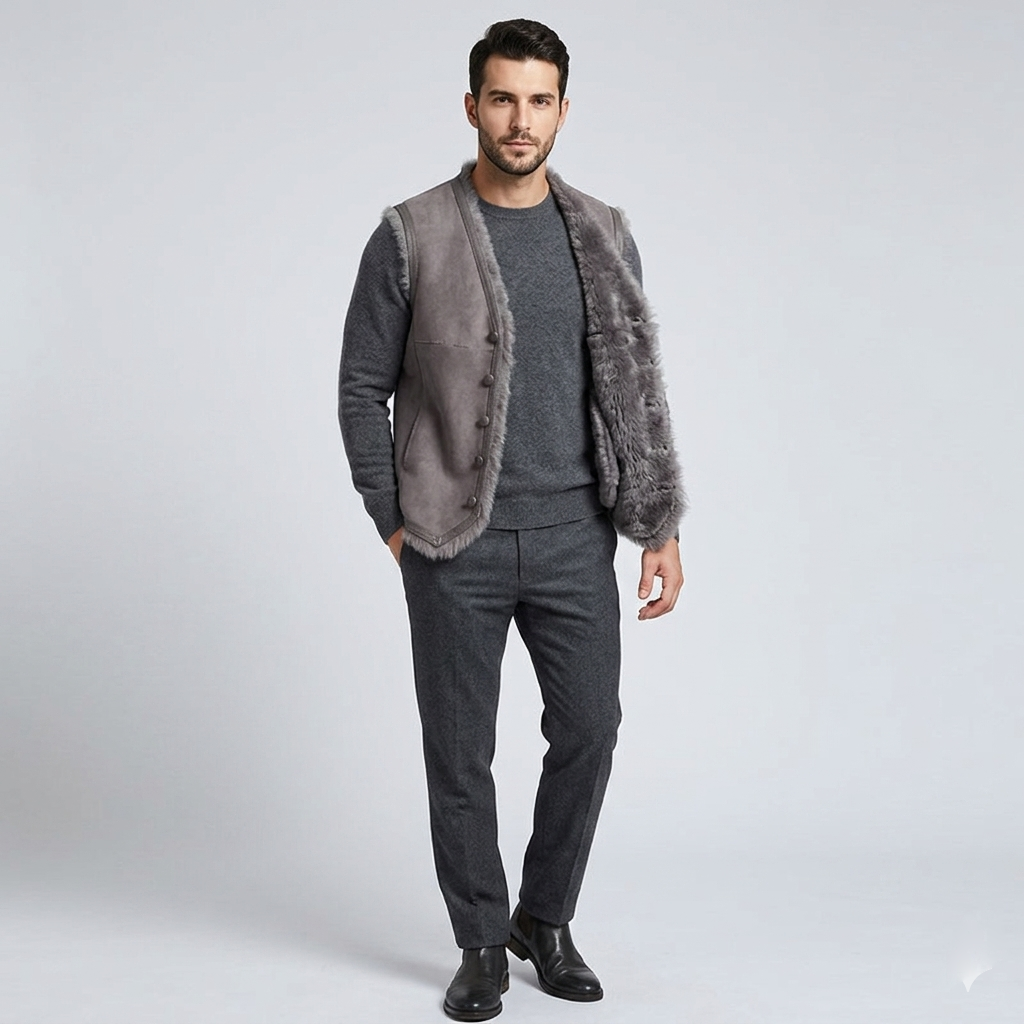 Men’s Tuscany V-Collar Shearling Leather Fur Vest – Premium Winter Gilet